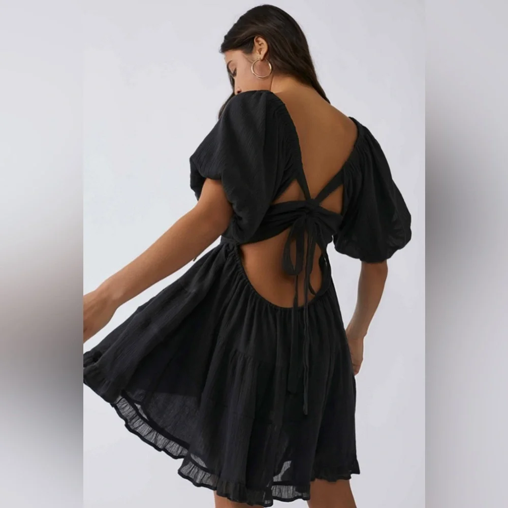 Free People Off Shoulder Puff Sleeve Smocked Mini Dress Black Size: XS - Picture 2 of 6